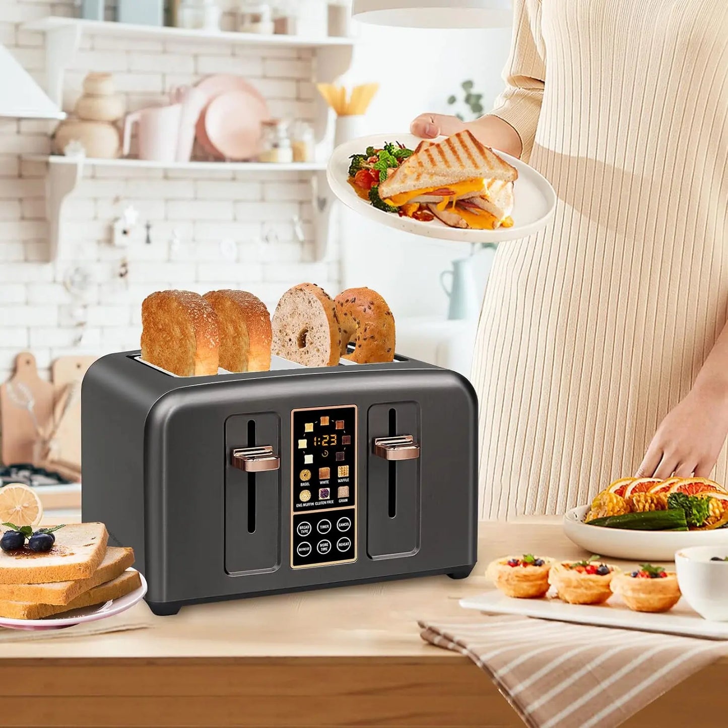 4-Slice Stainless Steel Toaster – LCD Display & Touch Buttons, 6 Bread Selection, 7 Shade Settings, 1.4" Wide Slots, Cancel/Defrost/Reheat, Removable Crumb Tray, 1800W