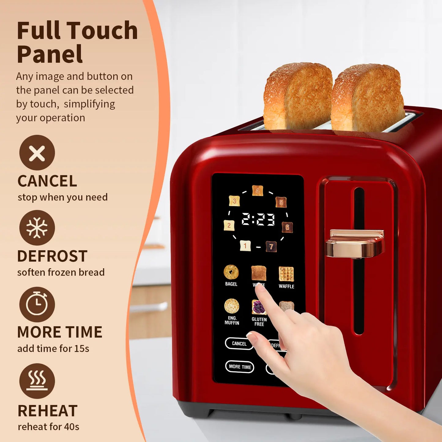 Stainless Steel 2-Slice Toaster – LCD Touch Display, 50% Faster Heating, 1.4" Wide Slots, Timer Functions & Removable Crumb Tray, 1350W