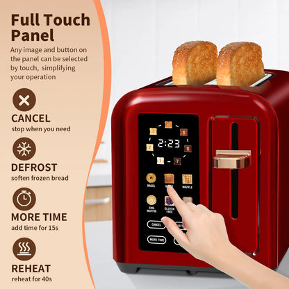 Stainless Steel 2-Slice Toaster – LCD Touch Display, 50% Faster Heating, 1.4" Wide Slots, Timer Functions & Removable Crumb Tray, 1350W