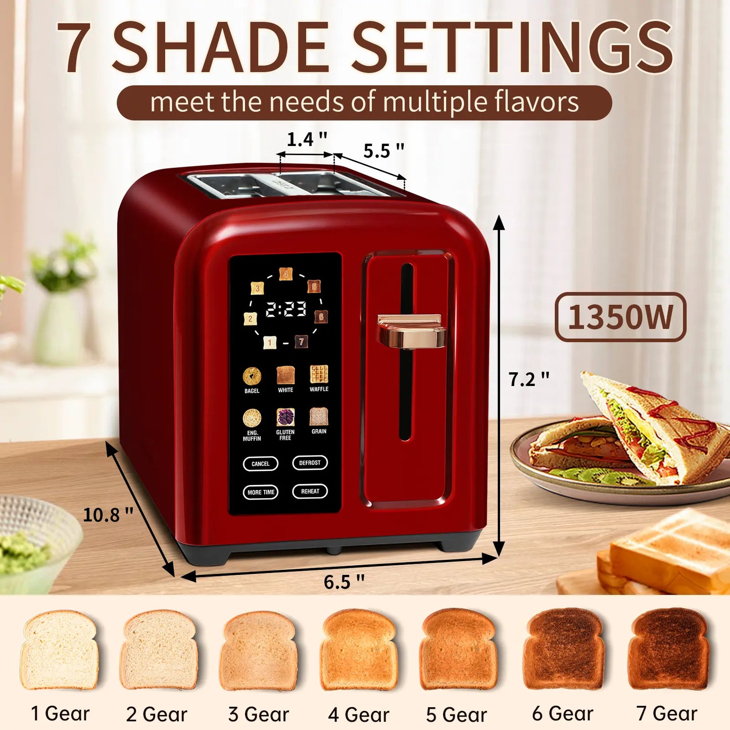 Stainless Steel 2-Slice Toaster – LCD Touch Display, 50% Faster Heating, 1.4" Wide Slots, Timer Functions & Removable Crumb Tray, 1350W