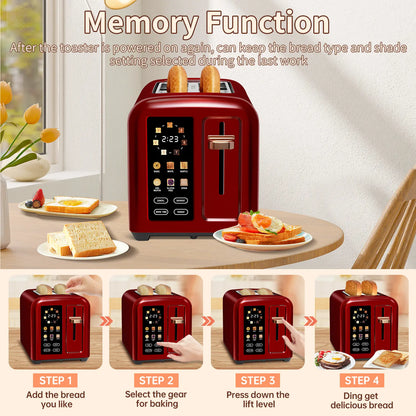 Stainless Steel 2-Slice Toaster – LCD Touch Display, 50% Faster Heating, 1.4" Wide Slots, Timer Functions & Removable Crumb Tray, 1350W