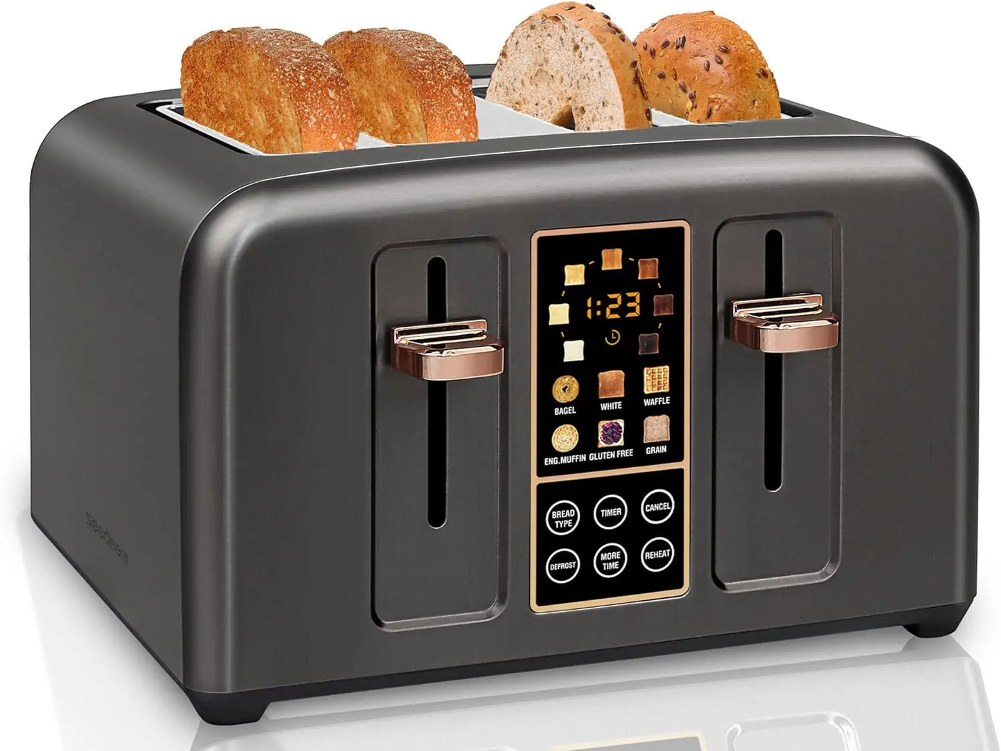 4-Slice Stainless Steel Toaster – LCD Display & Touch Buttons, 6 Bread Selection, 7 Shade Settings, 1.4" Wide Slots, Cancel/Defrost/Reheat, Removable Crumb Tray, 1800W