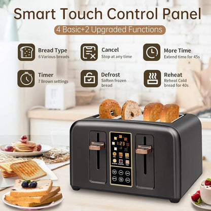 4-Slice Stainless Steel Toaster – LCD Display & Touch Buttons, 6 Bread Selection, 7 Shade Settings, 1.4" Wide Slots, Cancel/Defrost/Reheat, Removable Crumb Tray, 1800W