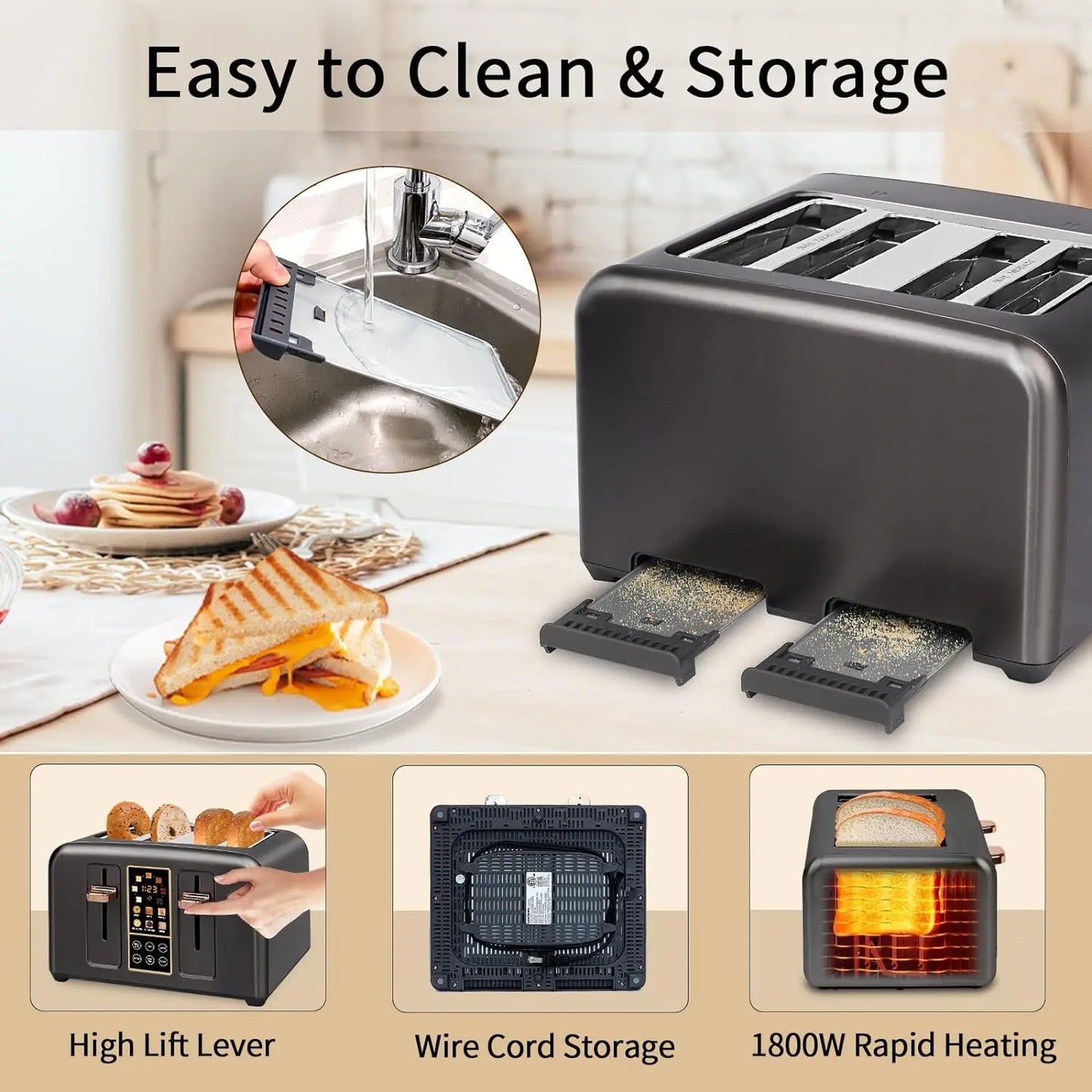 4-Slice Stainless Steel Toaster – LCD Display & Touch Buttons, 6 Bread Selection, 7 Shade Settings, 1.4" Wide Slots, Cancel/Defrost/Reheat, Removable Crumb Tray, 1800W