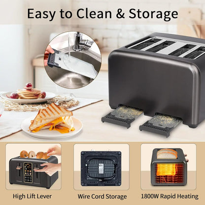 4-Slice Stainless Steel Toaster – LCD Display & Touch Buttons, 6 Bread Selection, 7 Shade Settings, 1.4" Wide Slots, Cancel/Defrost/Reheat, Removable Crumb Tray, 1800W