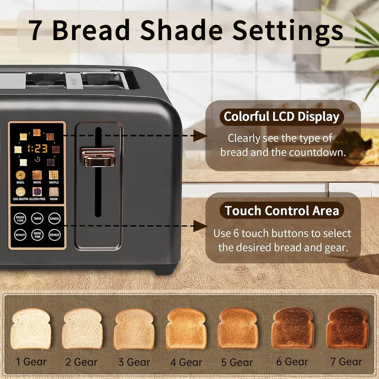 4-Slice Stainless Steel Toaster – LCD Display & Touch Buttons, 6 Bread Selection, 7 Shade Settings, 1.4" Wide Slots, Cancel/Defrost/Reheat, Removable Crumb Tray, 1800W