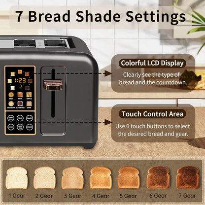 4-Slice Stainless Steel Toaster – LCD Display & Touch Buttons, 6 Bread Selection, 7 Shade Settings, 1.4" Wide Slots, Cancel/Defrost/Reheat, Removable Crumb Tray, 1800W