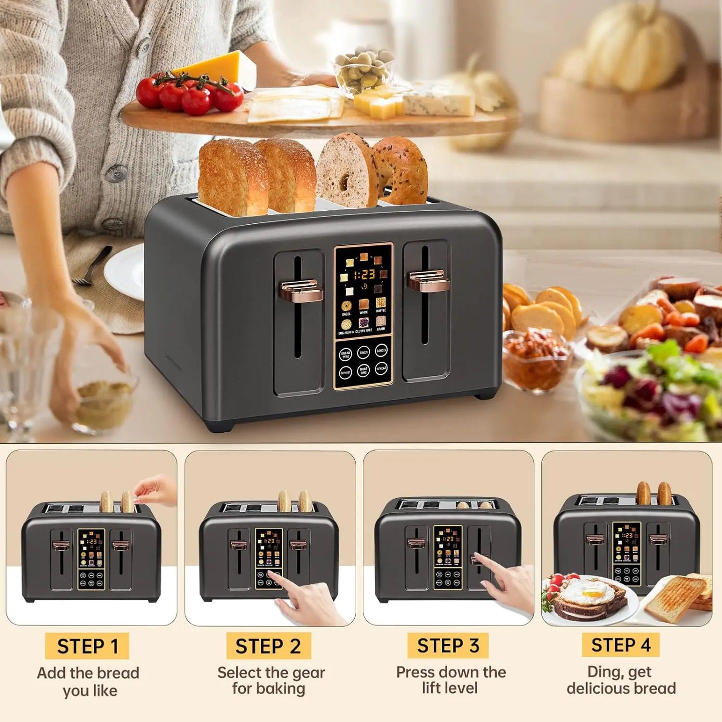 4-Slice Stainless Steel Toaster – LCD Display & Touch Buttons, 6 Bread Selection, 7 Shade Settings, 1.4" Wide Slots, Cancel/Defrost/Reheat, Removable Crumb Tray, 1800W