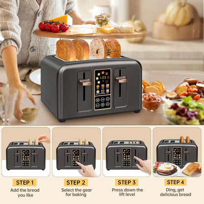 4-Slice Stainless Steel Toaster – LCD Display & Touch Buttons, 6 Bread Selection, 7 Shade Settings, 1.4" Wide Slots, Cancel/Defrost/Reheat, Removable Crumb Tray, 1800W