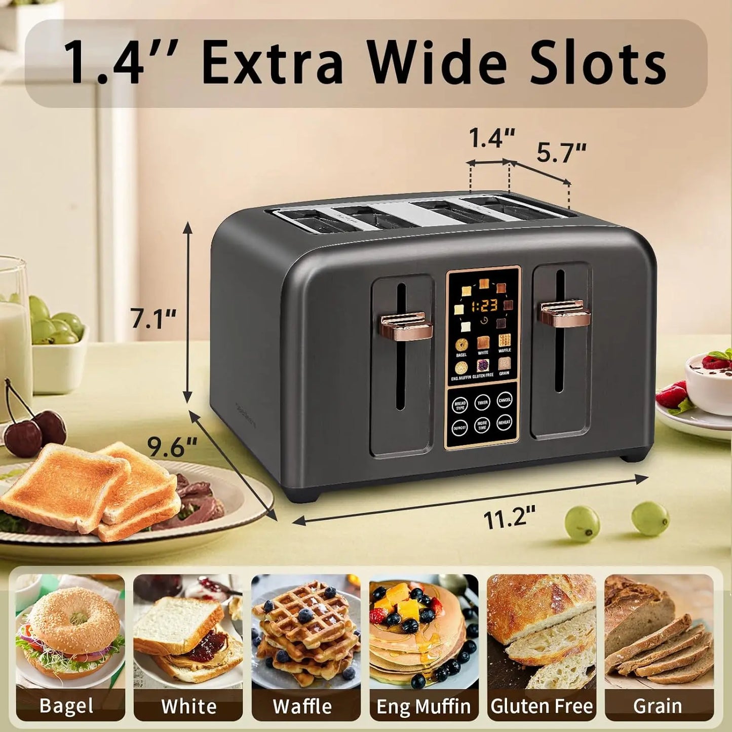 4-Slice Stainless Steel Toaster – LCD Display & Touch Buttons, 6 Bread Selection, 7 Shade Settings, 1.4" Wide Slots, Cancel/Defrost/Reheat, Removable Crumb Tray, 1800W