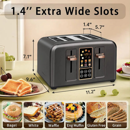 4-Slice Stainless Steel Toaster – LCD Display & Touch Buttons, 6 Bread Selection, 7 Shade Settings, 1.4" Wide Slots, Cancel/Defrost/Reheat, Removable Crumb Tray, 1800W