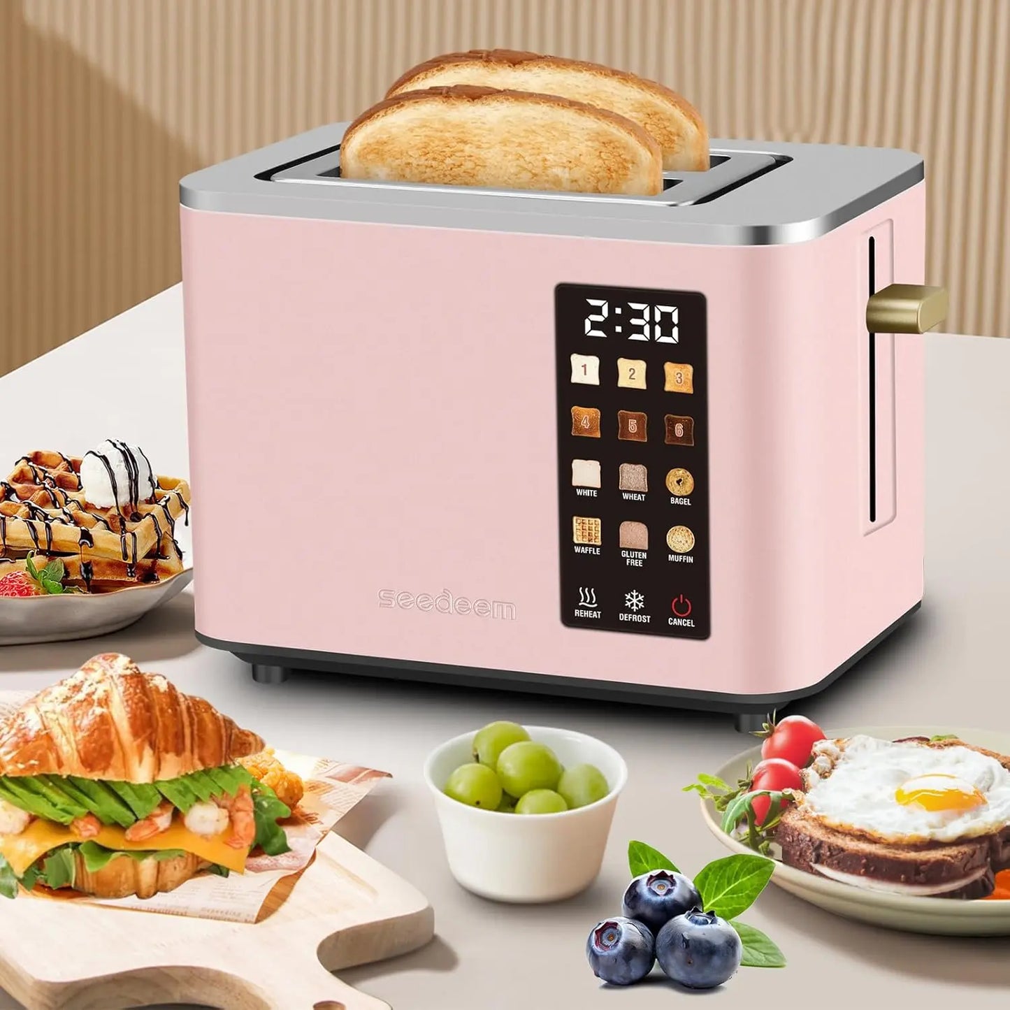 Smart Stainless 2-Slice Toaster – Peach Pink, Touch Control Screen, 6 Shade Settings & 6 Bread Selections, Countdown Timer, Defrost, Removable Crumb Tray, 900W