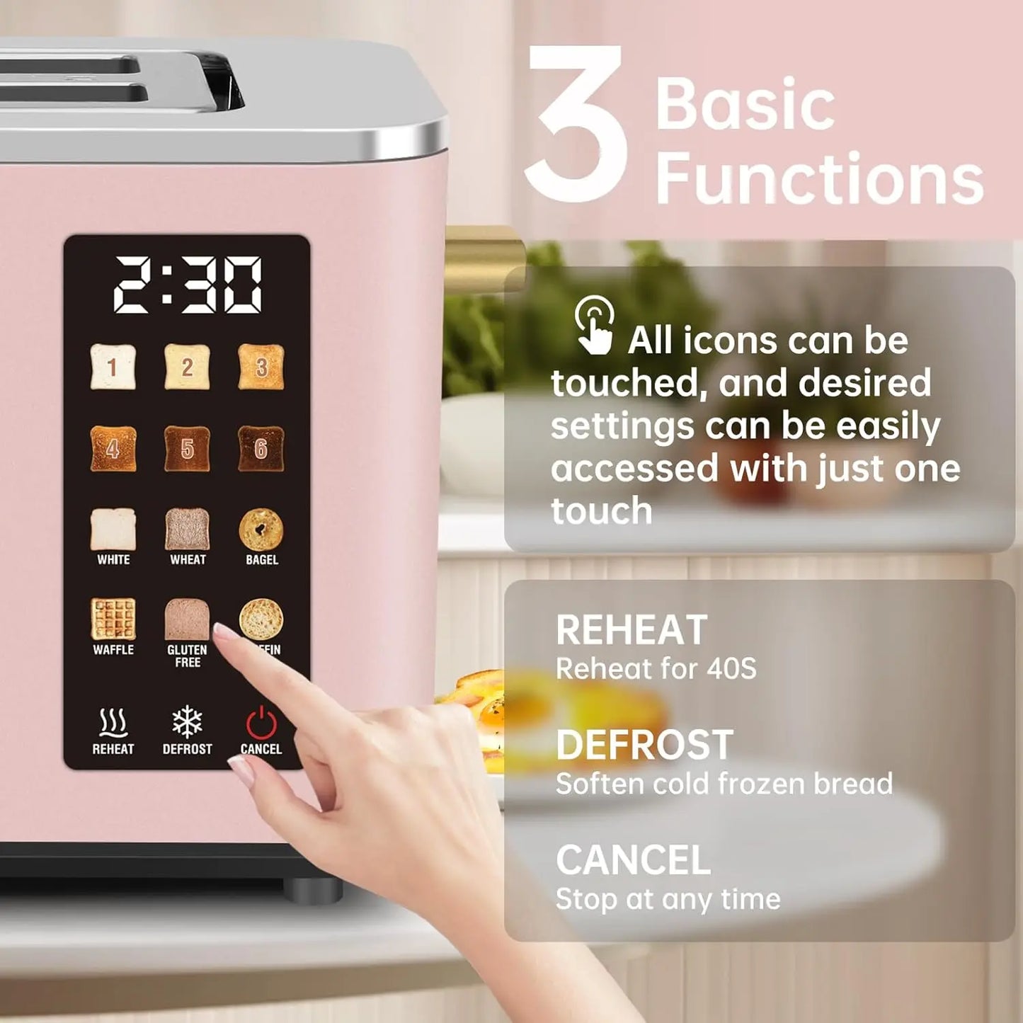 Smart Stainless 2-Slice Toaster – Peach Pink, Touch Control Screen, 6 Shade Settings & 6 Bread Selections, Countdown Timer, Defrost, Removable Crumb Tray, 900W