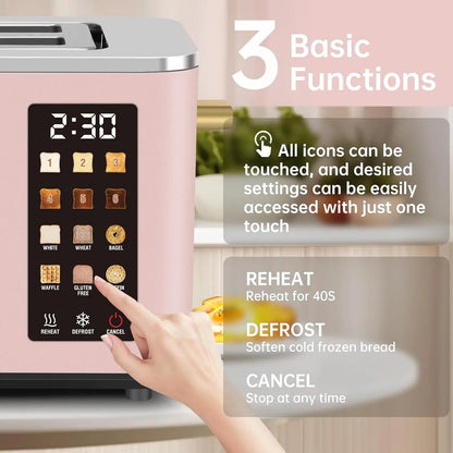 Smart Stainless 2-Slice Toaster – Peach Pink, Touch Control Screen, 6 Shade Settings & 6 Bread Selections, Countdown Timer, Defrost, Removable Crumb Tray, 900W