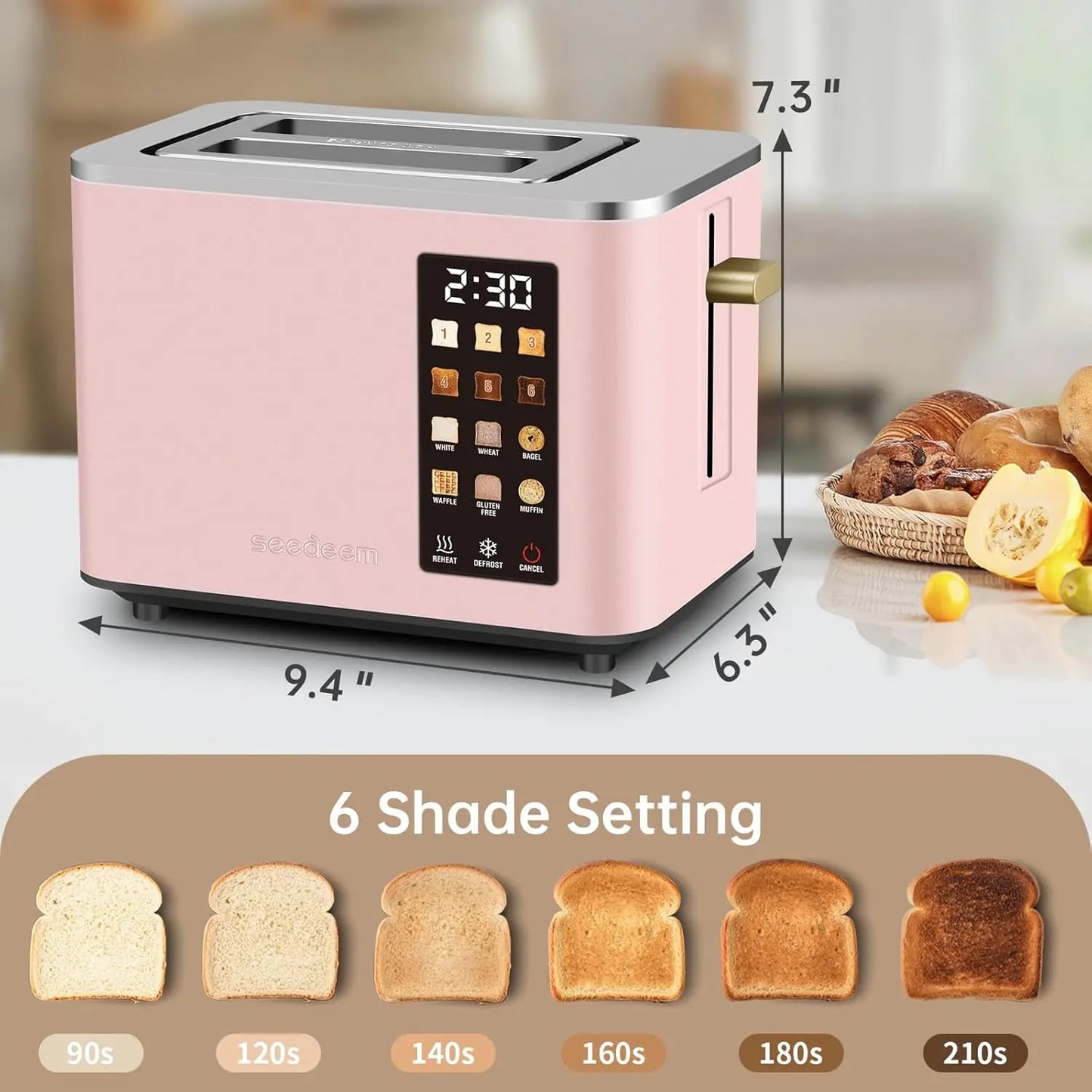 Smart Stainless 2-Slice Toaster – Peach Pink, Touch Control Screen, 6 Shade Settings & 6 Bread Selections, Countdown Timer, Defrost, Removable Crumb Tray, 900W