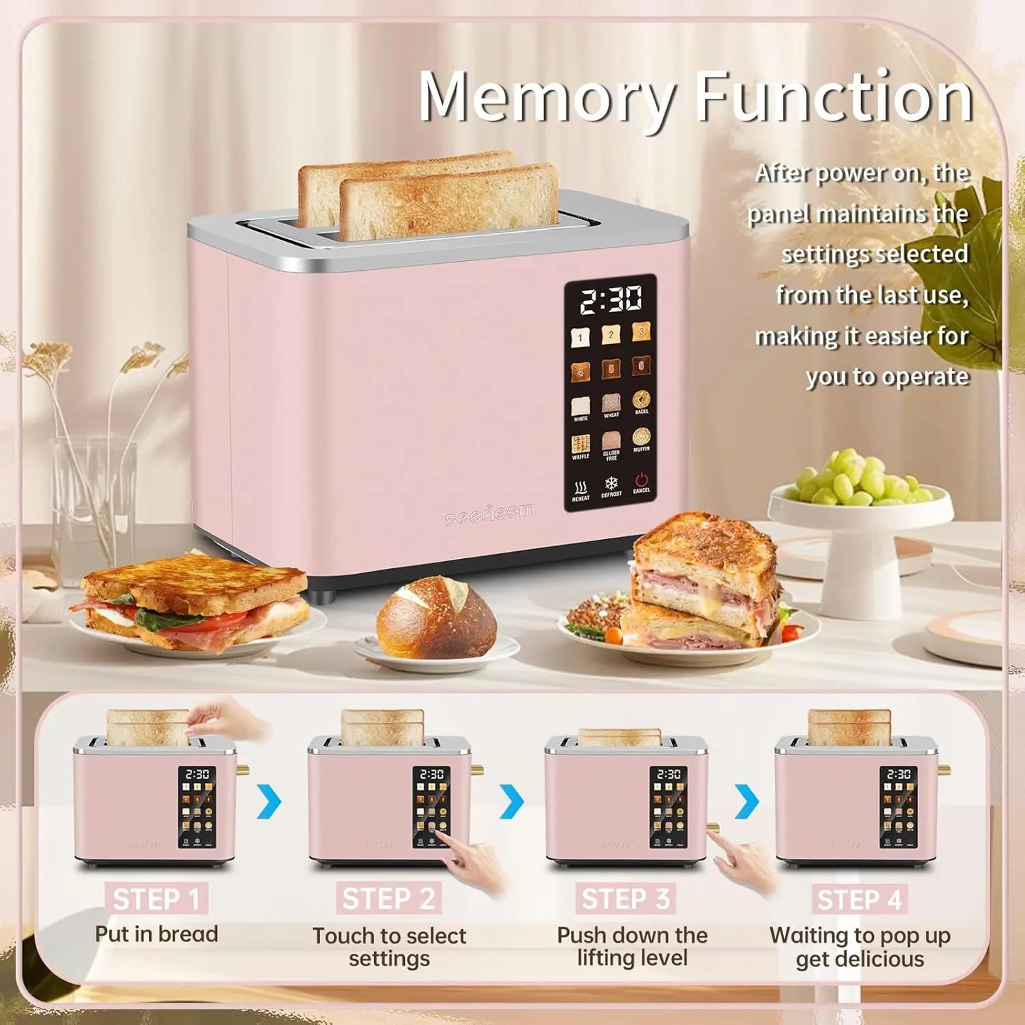 Smart Stainless 2-Slice Toaster – Peach Pink, Touch Control Screen, 6 Shade Settings & 6 Bread Selections, Countdown Timer, Defrost, Removable Crumb Tray, 900W