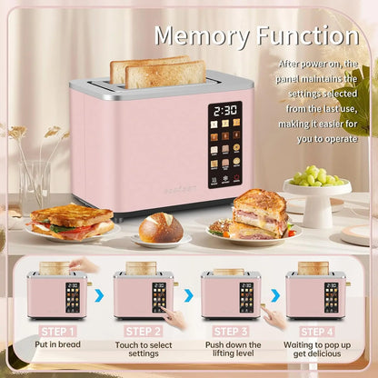 Smart Stainless 2-Slice Toaster – Peach Pink, Touch Control Screen, 6 Shade Settings & 6 Bread Selections, Countdown Timer, Defrost, Removable Crumb Tray, 900W